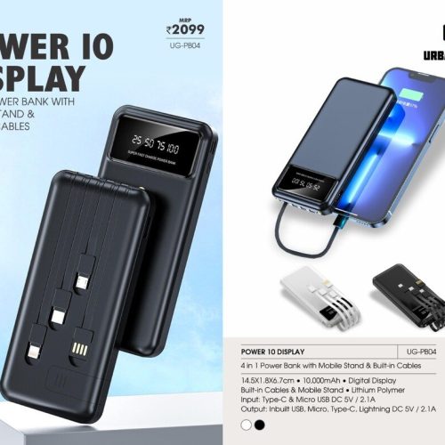 POWER 10 DISPLAY - 4 in 1 Power Bank With Mobile Stand & Built-in Cables